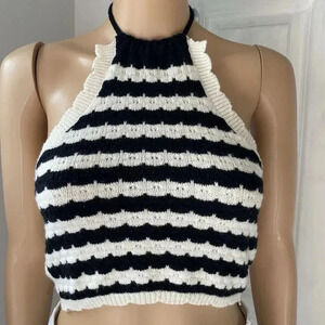 Vtg Y2K Black White Crochet Knit Halter Crop Top Fairy Whimsygoth Grunge Boho S